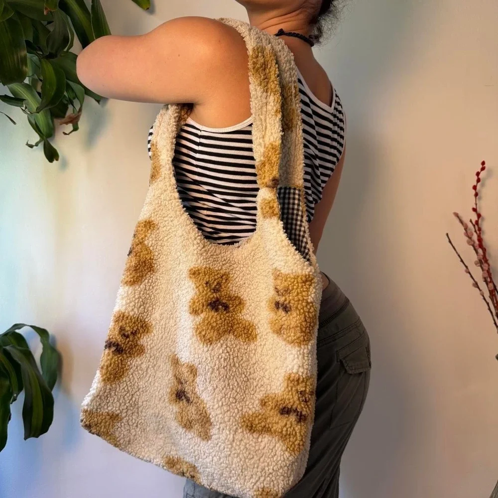 Vintage Kawaii Fuzzy Teddy Bear Tote Bag Beige Gingham Large Beach Gym Bag